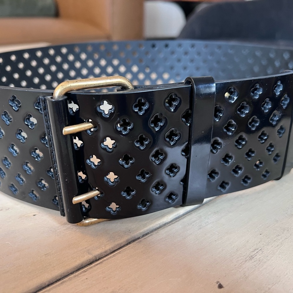 Yves Saint Laurent Black Cutout Leather Wide Belt with Gold Buckle